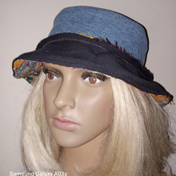 Kantha & Denim Bucket Hat Reversible Black Dark Green Red Patchwork BHAT14. - Picture 6 of 7